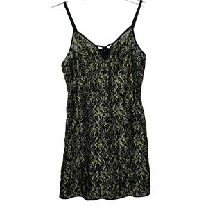Y2K Semi Sheer Mini Slip Dress Black and Chartreuse Floral Size Small
